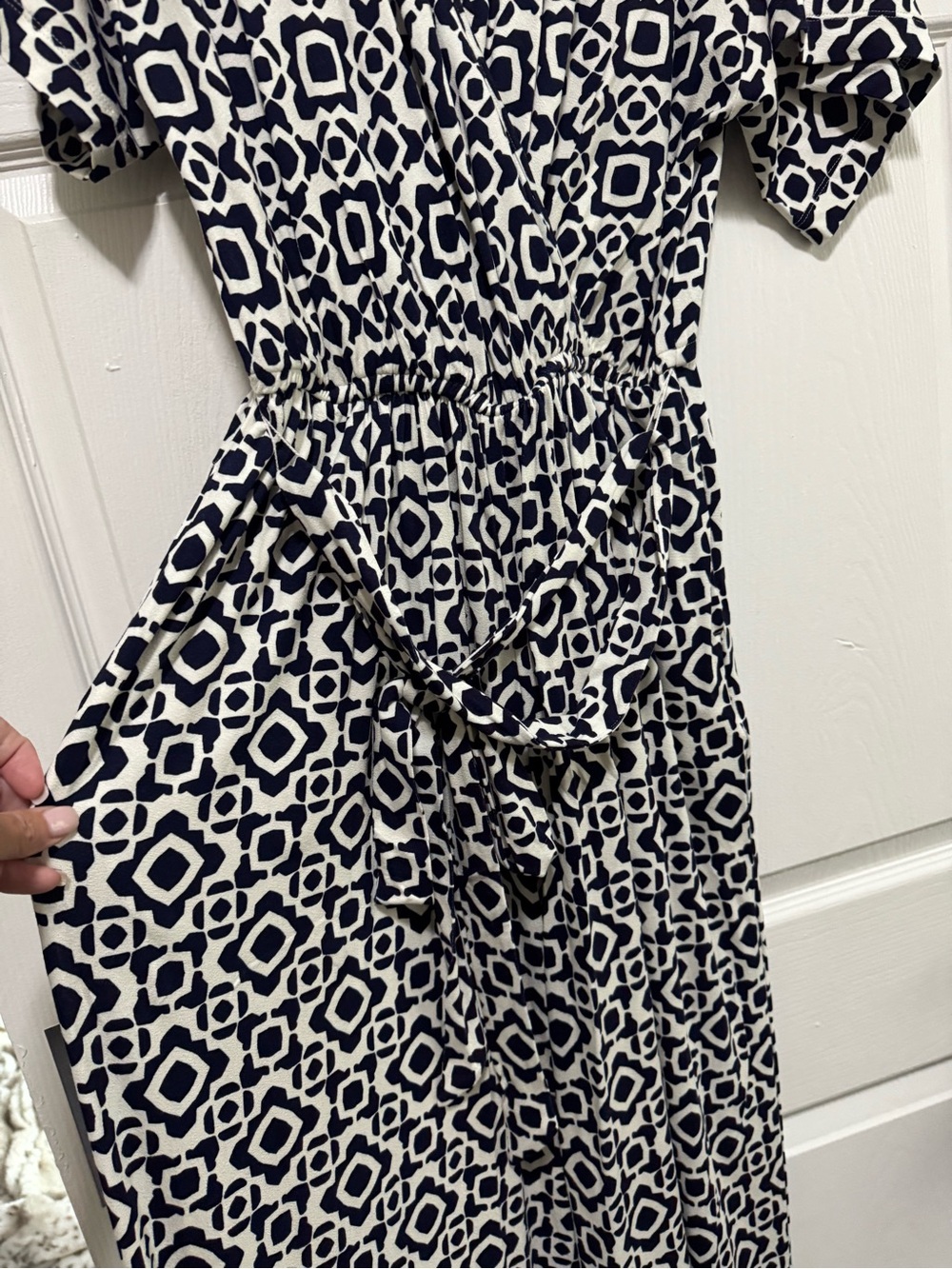 Lane Bryant Navy and White Geometric Wrap Dress with Tie Waist - Picture 2 of 4